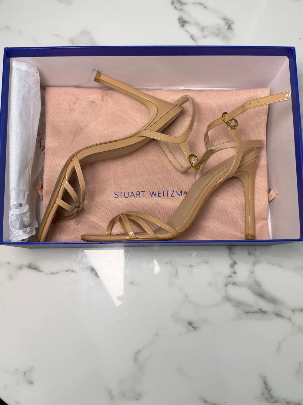Stuart Weitzman Mykonos Braid Patent Nude Heels Size 7